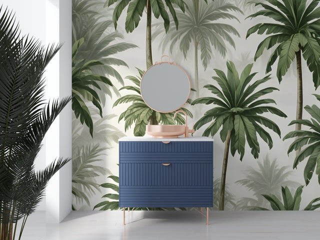 Tropical palm mural wallpaper creating a luxurious atmosphere in a modern living room with white furniture
