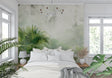 Tropical palm mural wallpaper creating a spa-like atmosphere in a modern living room with natural light