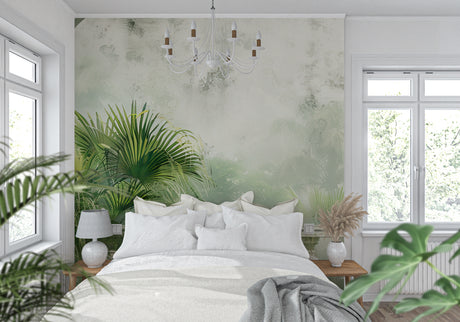 Tropical palm mural wallpaper creating a spa-like atmosphere in a modern living room with natural light