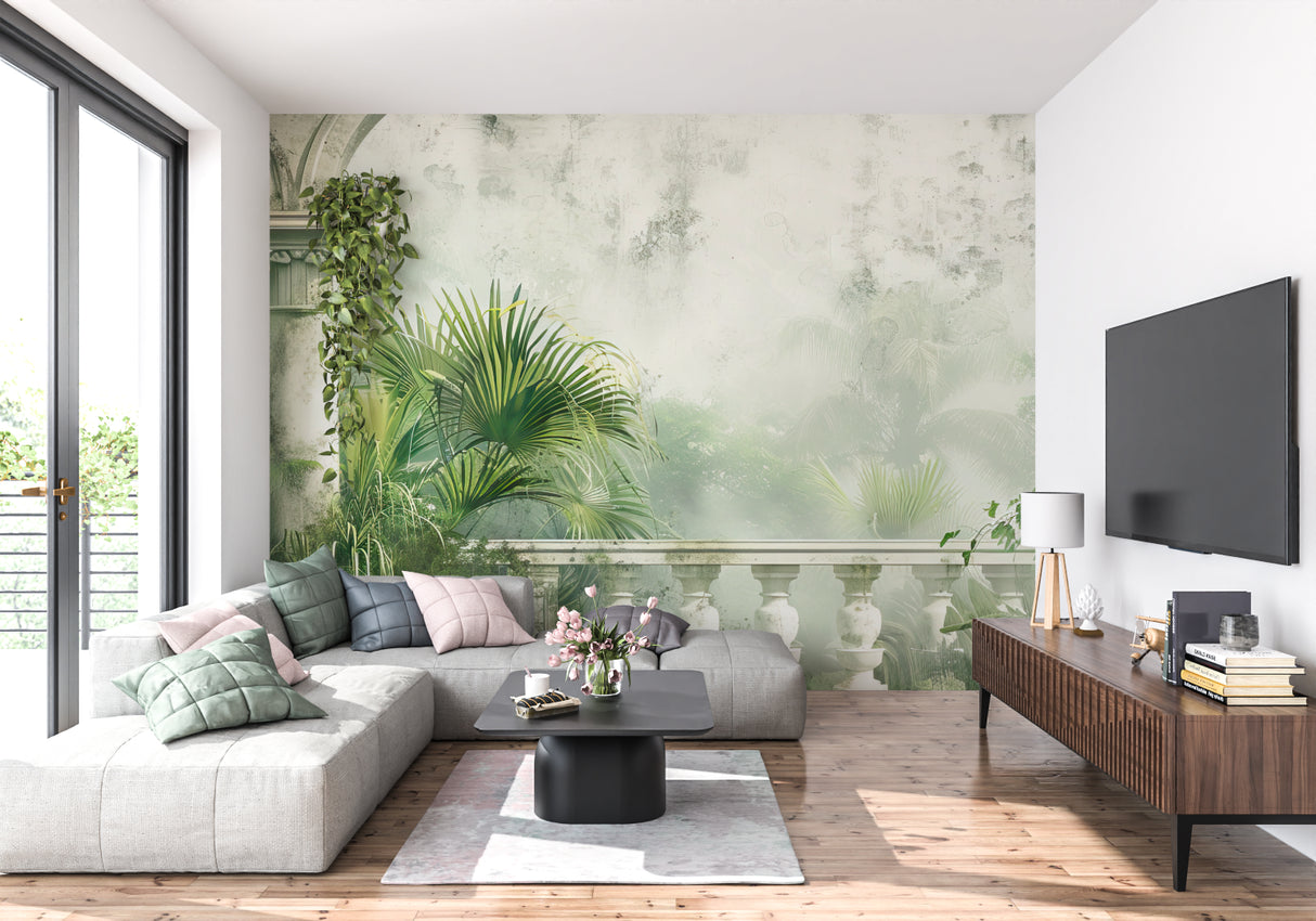 Misty green palm wallpaper adding depth to a cozy bedroom with white furniture
