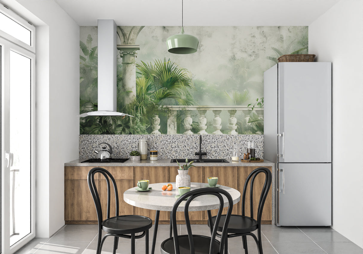 Palm leaf wall mural bringing tropical vibes to a minimalist dining room