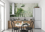 Palm leaf wall mural bringing tropical vibes to a minimalist dining room