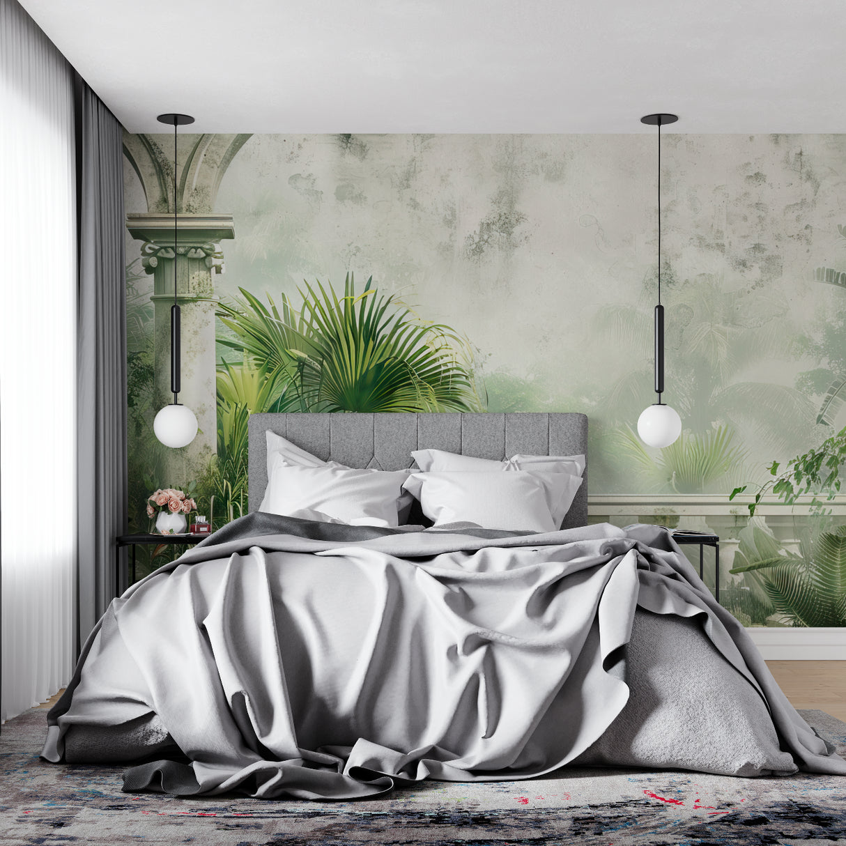 Tropical paradise mural creating a calm atmosphere in a luxury bathroom setting