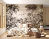 Black and white tropical mural featuring palm trees and herons displayed in a bright bedroom