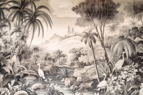 Monochrome tropical paradise design file showing detailed palm trees and elegant herons in sepia tones