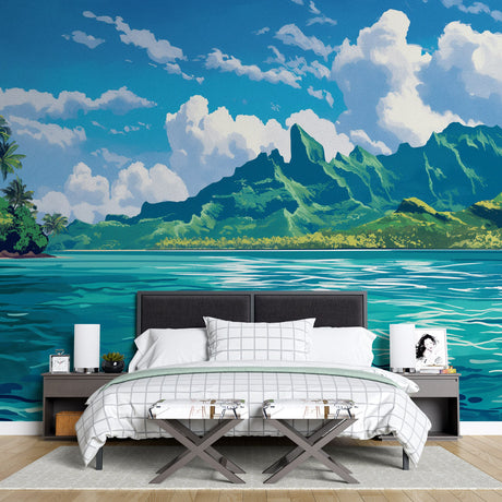 Tropical paradise mountain lake wallpaper creating depth in modern living room with white furniture