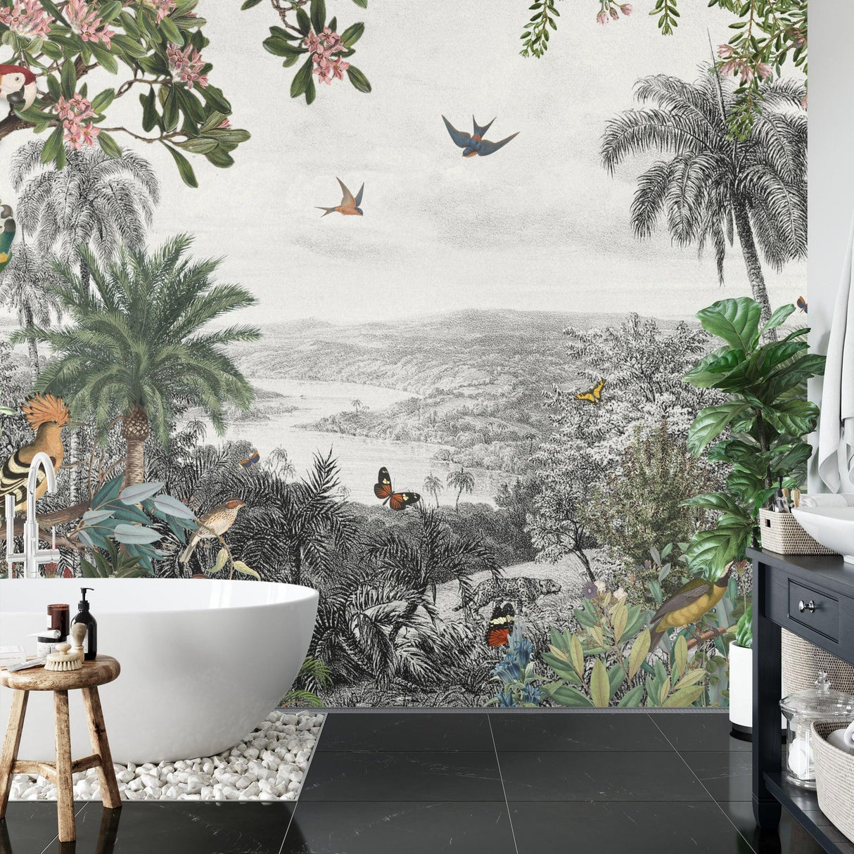 Tropical birds wallpaper creating an elegant dining room atmosphere
