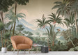 Tropical landscape wallpaper creating a serene focal point in a modern living room with natural light