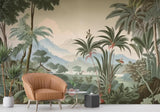 Tropical landscape wallpaper creating a serene focal point in a modern living room with natural light