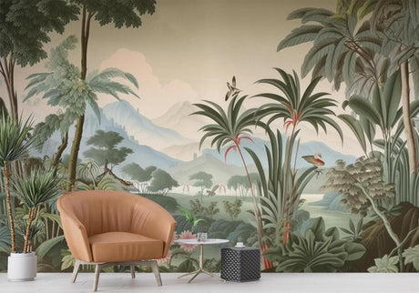 Tropical landscape wallpaper creating a serene focal point in a modern living room with natural light