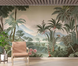 Vintage botanical mountain mural transforming a bedroom into a peaceful tropical paradise