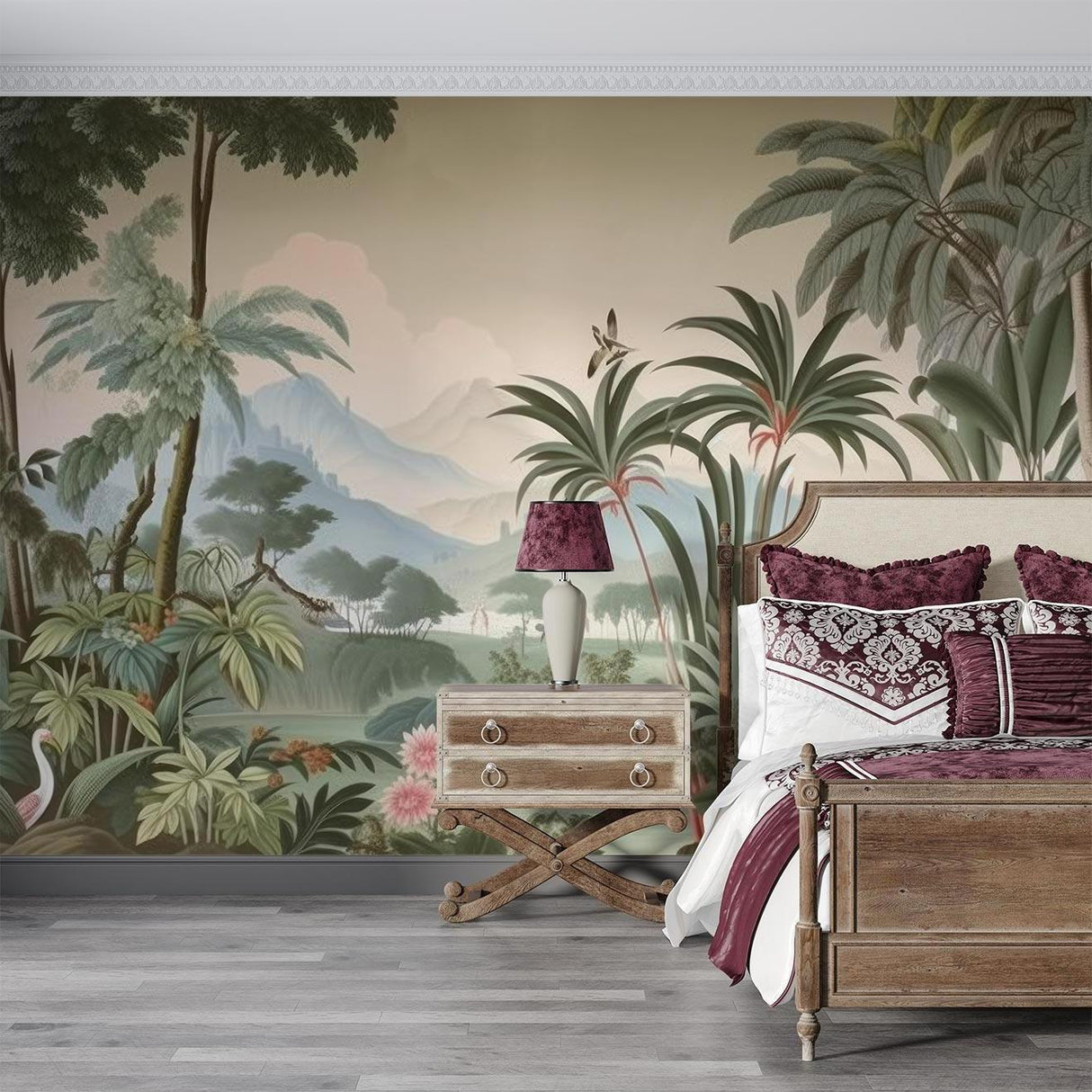 Tropical paradise wallpaper bringing exotic charm to a sophisticated dining room setting