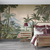 Tropical paradise wallpaper bringing exotic charm to a sophisticated dining room setting
