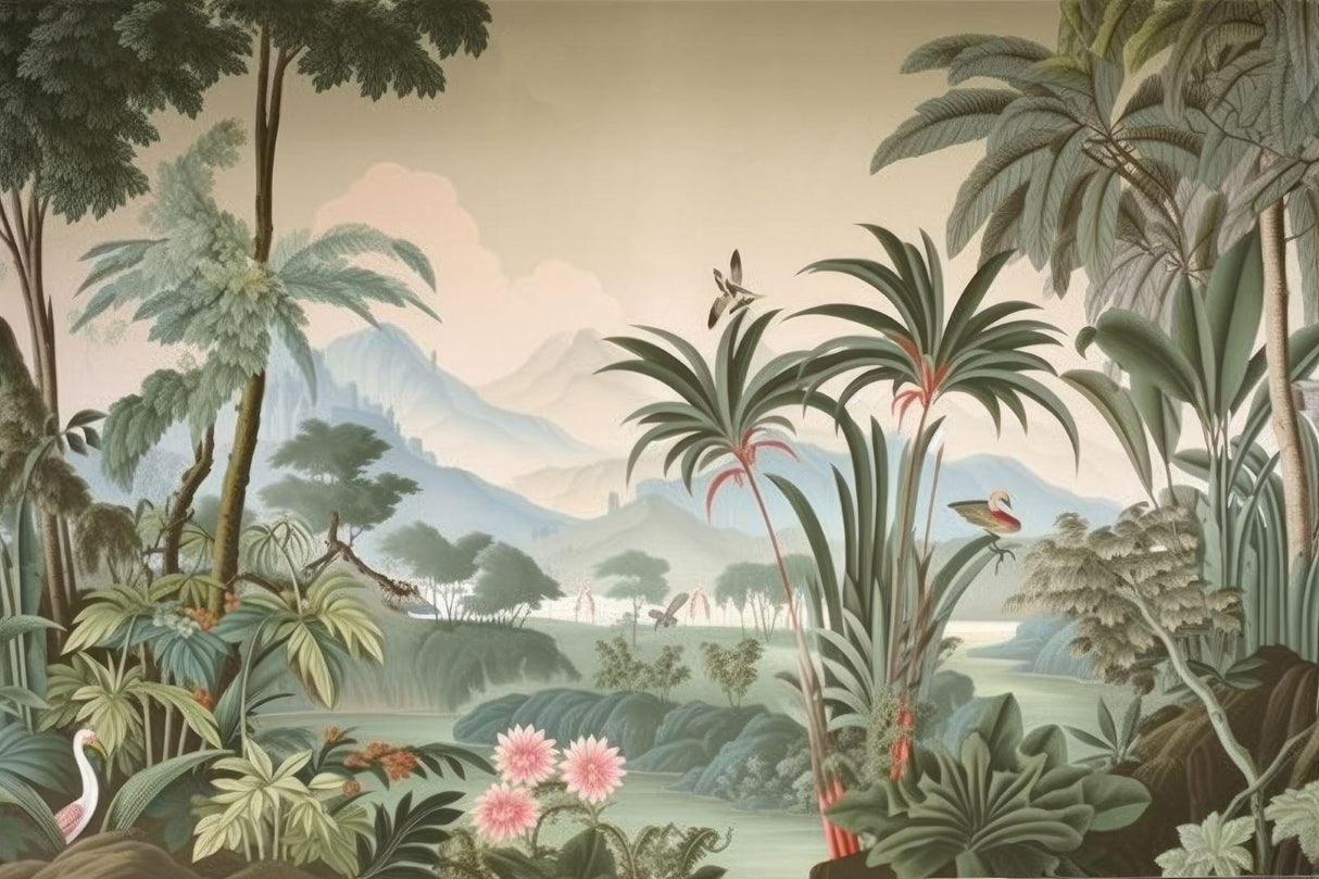 Tropical mountain paradise design file showing detailed vintage botanical pattern and exotic flora