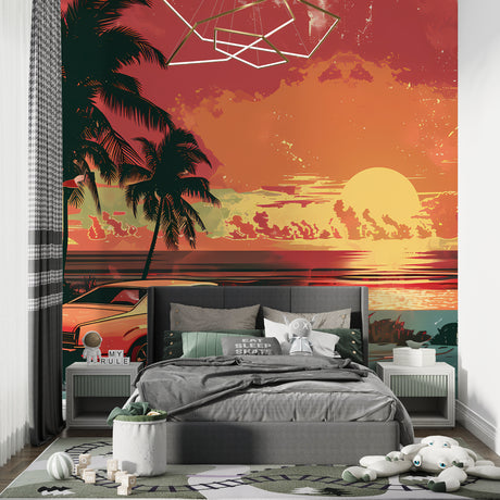 Tropical beach paradise wallpaper with vintage car creating a cozy atmosphere in a modern living room
