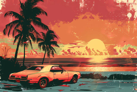 Design file of tropical beach paradise sunset pattern with vintage car and palm trees