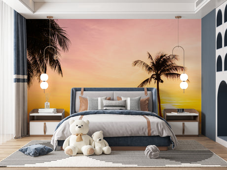 Tropical sunset beach wallpaper in modern living room showing warm golden tones and palm silhouettes