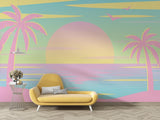 Tropical beach sunset wallpaper creating a calm atmosphere in a modern living room with minimal furniture