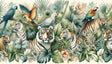 Tropical wildlife wallpaper with tigers and birds creating a stunning focal point in a modern living room