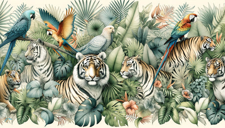 Tropical wildlife wallpaper with tigers and birds creating a stunning focal point in a modern living room