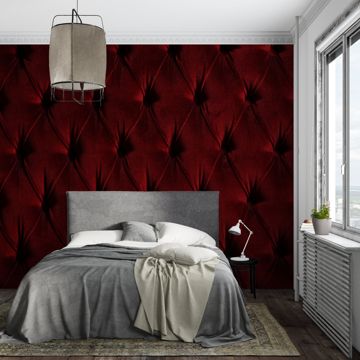 Close-up of velvet textured burgundy wallpaper in a cozy dining room setting