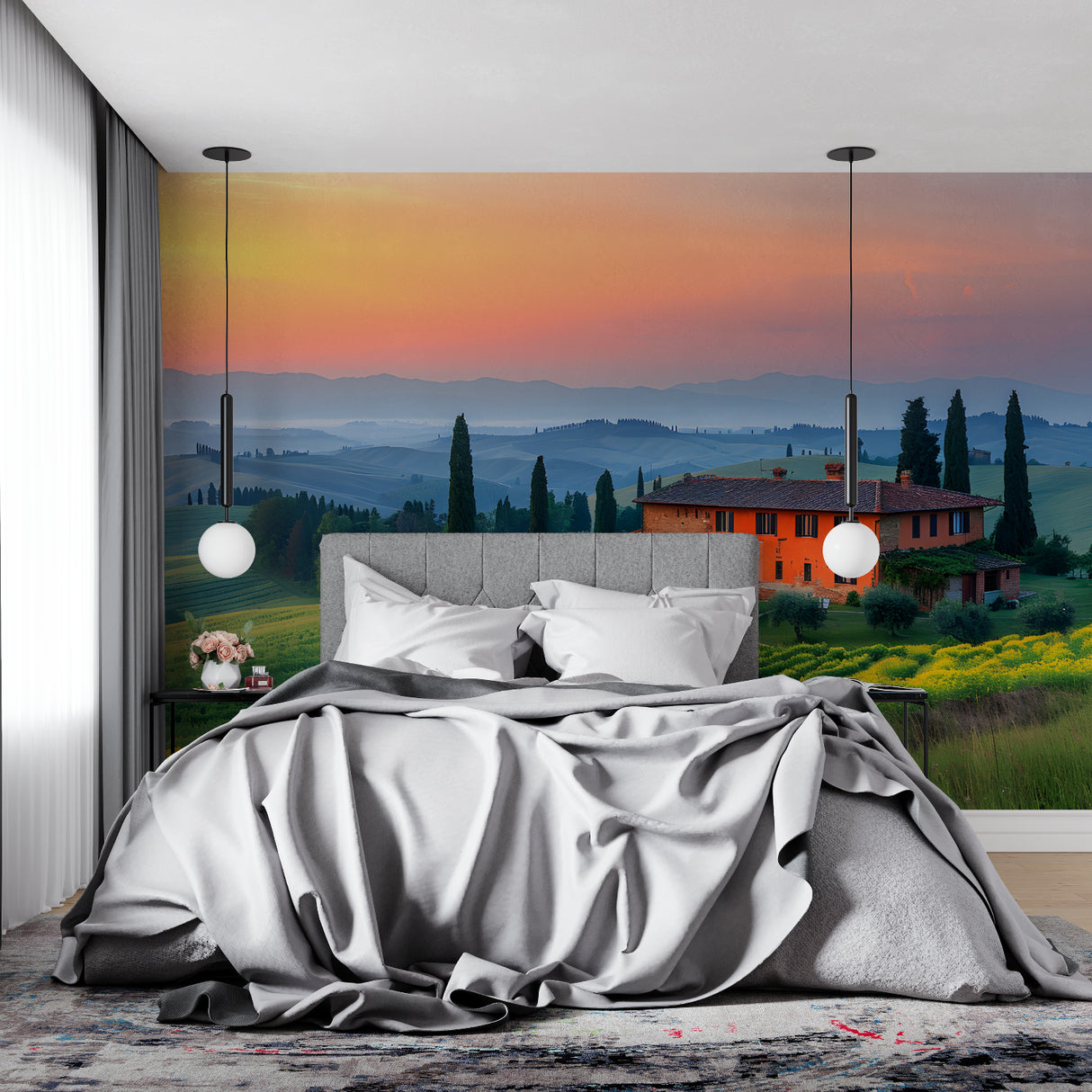 Mediterranean villa mural brightening a cozy living room space