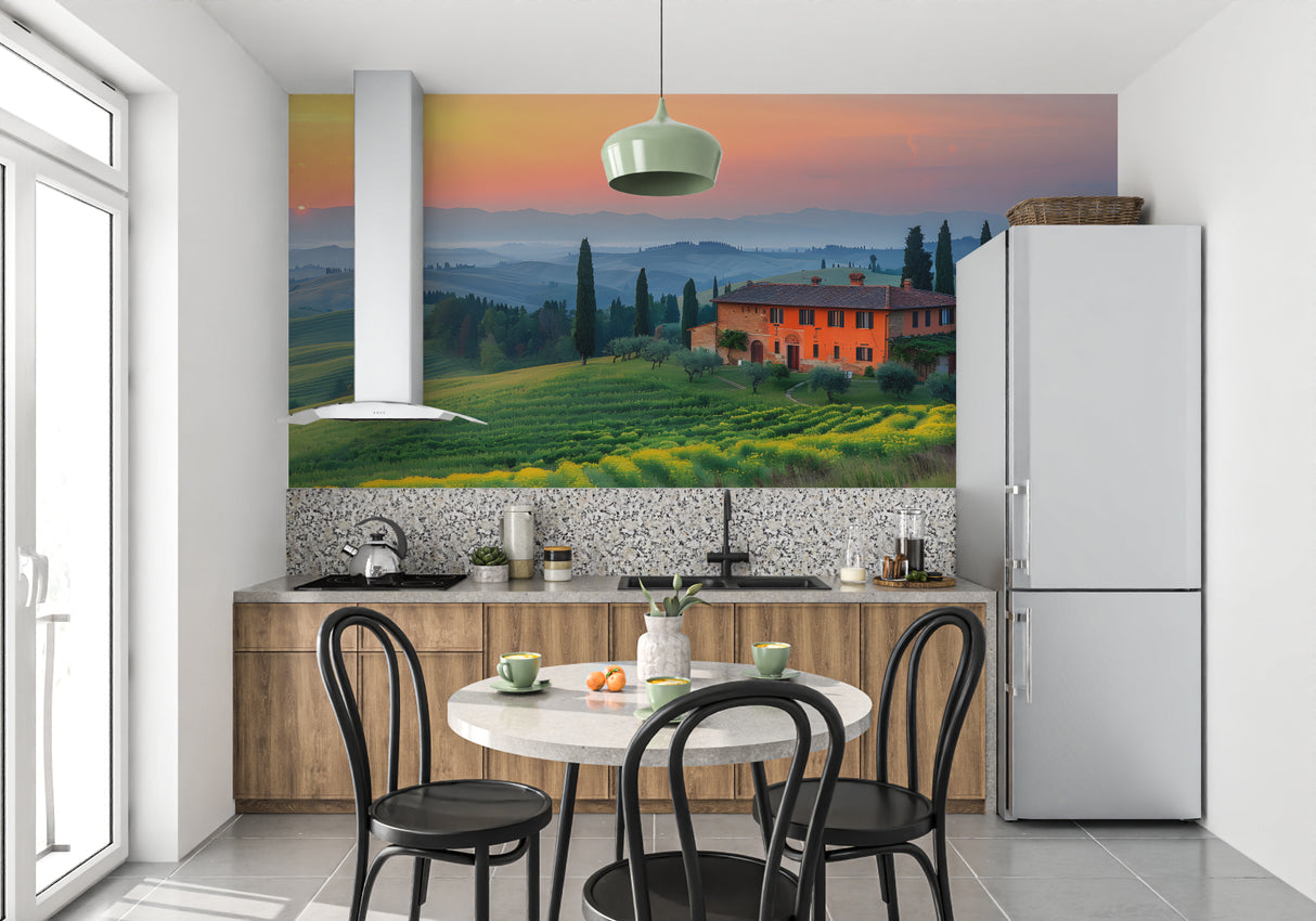 Italian countryside wallpaper transforming a bedroom into a Tuscan retreat