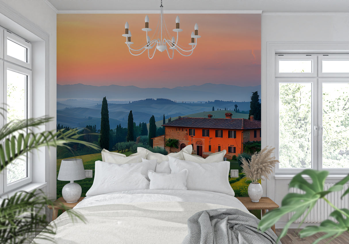 Mediterranean landscape wallpaper making a hallway feel like an Italian villa