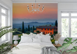 Mediterranean landscape wallpaper making a hallway feel like an Italian villa