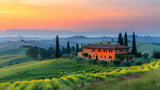 Tuscan hills and cypress trees design file showing detailed sunset colors and rolling landscape pattern