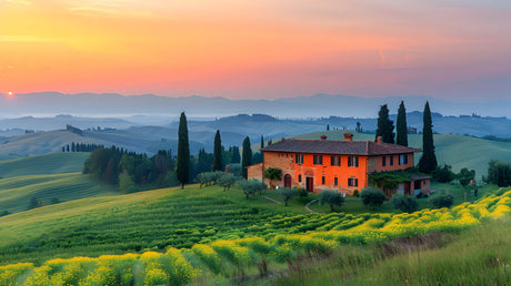 Tuscan hills and cypress trees design file showing detailed sunset colors and rolling landscape pattern