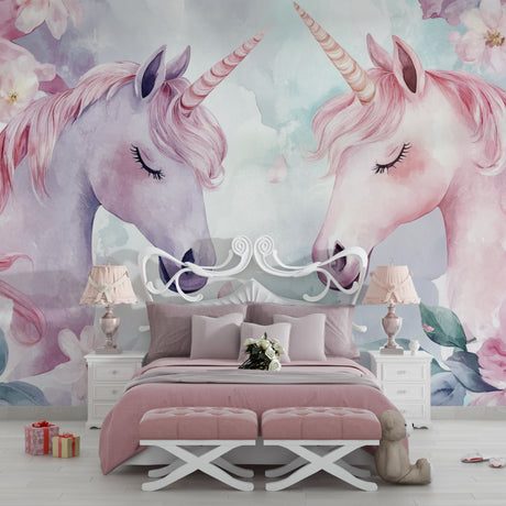 Unicorn wallpaper mural in a bright girl's bedroom with white furniture and pink accents