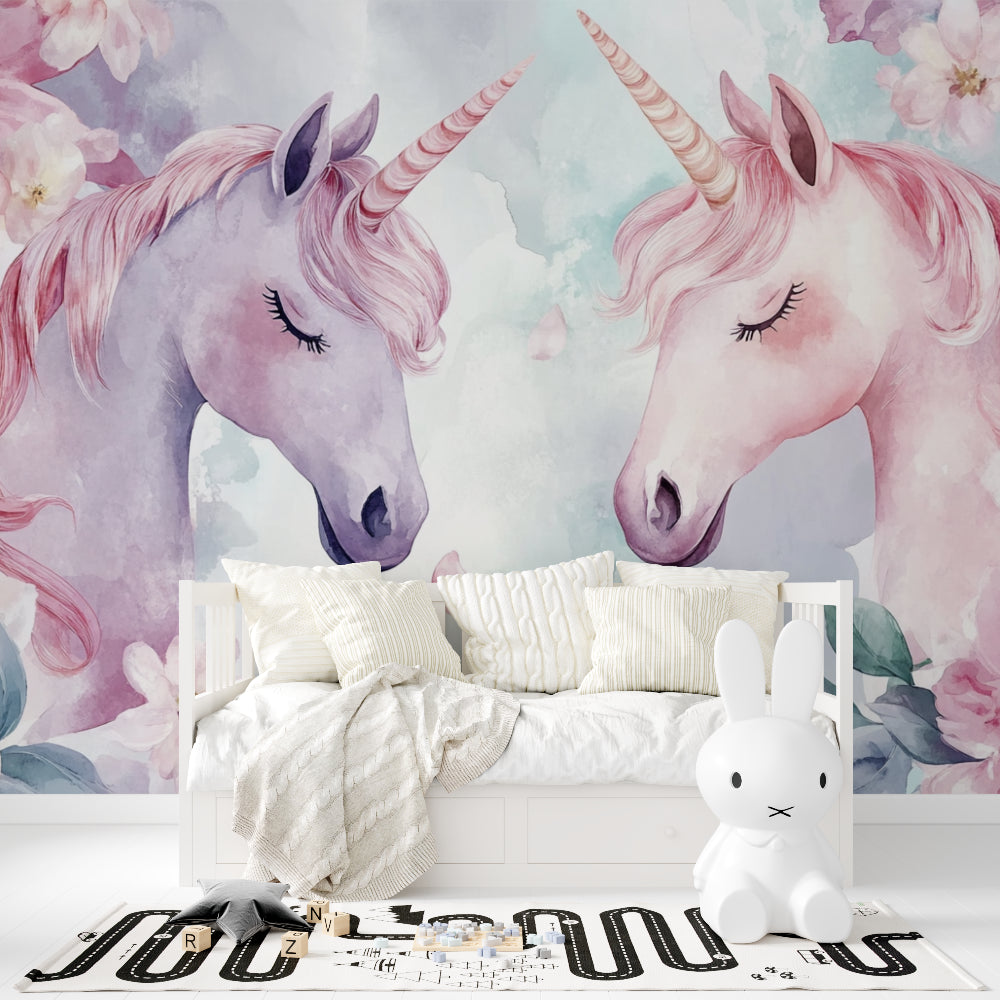 Magical unicorn wall mural creating depth in a cozy reading nook with cushions