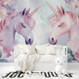 Magical unicorn wall mural creating depth in a cozy reading nook with cushions