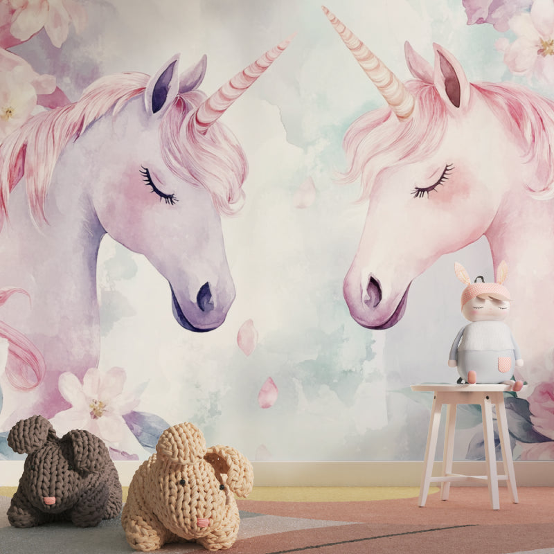 Dreamy unicorn wallpaper brightening a nursery with gentle pastel tones
