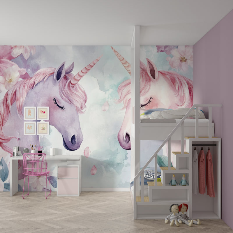 Pastel unicorn mural wallpaper in a playroom with natural lighting