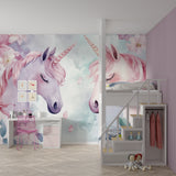 Pastel unicorn mural wallpaper in a playroom with natural lighting