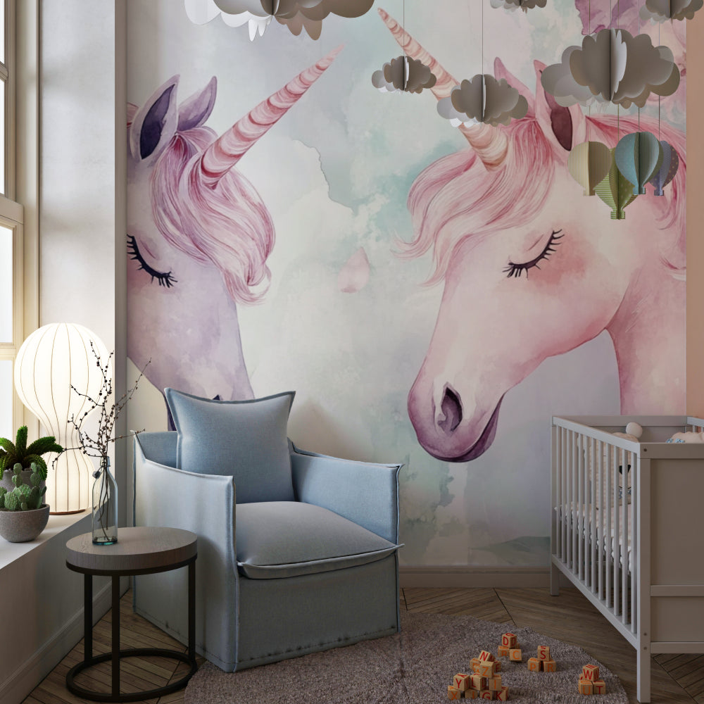 Unicorn wall mural creating magic in a modern children's bedroom