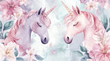 Design file showing detailed unicorn pattern with flowing manes and floral elements