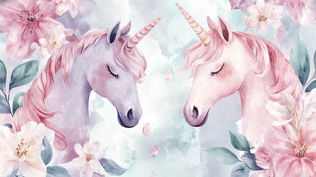 Design file showing detailed unicorn pattern with flowing manes and floral elements