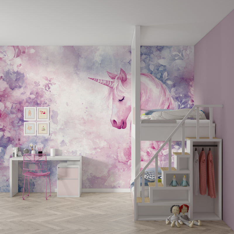 Magical unicorn wall mural in a girl's bedroom with reading nook
