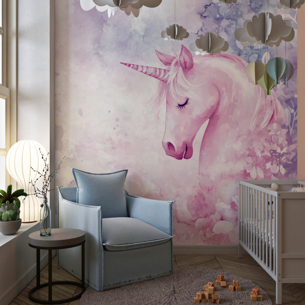 Pink and purple unicorn wallpaper in a modern kids room