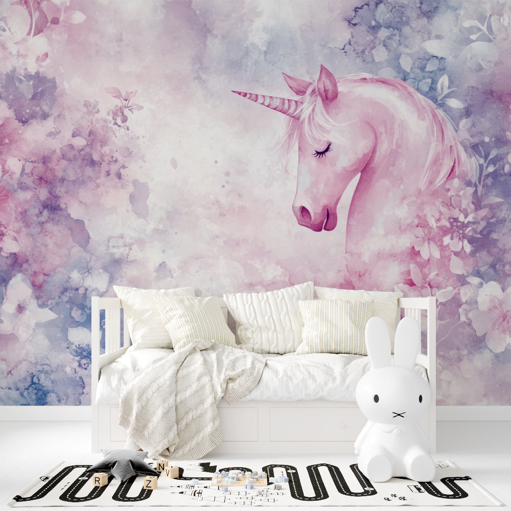 Unicorn wall mural showcased in a fairy-tale themed bedroom