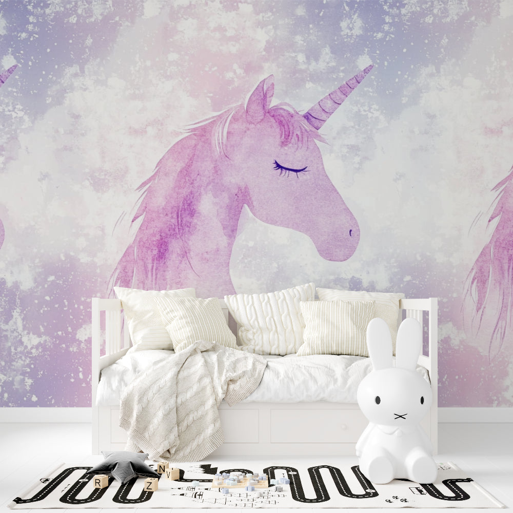 Unicorn wall mural showcased in a modern nursery with white furniture