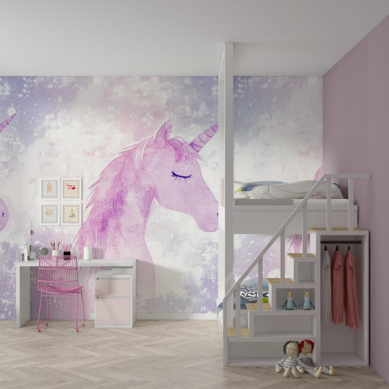 Pink unicorn mural displayed in a reading nook with cozy pillows