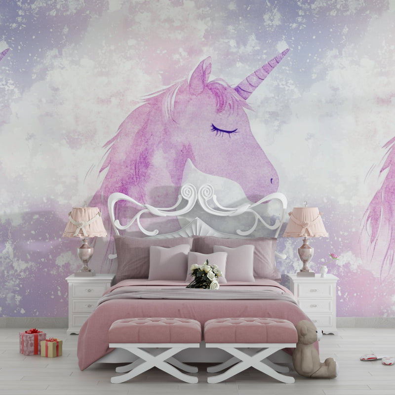 Watercolor unicorn wallpaper featured in a child's study area