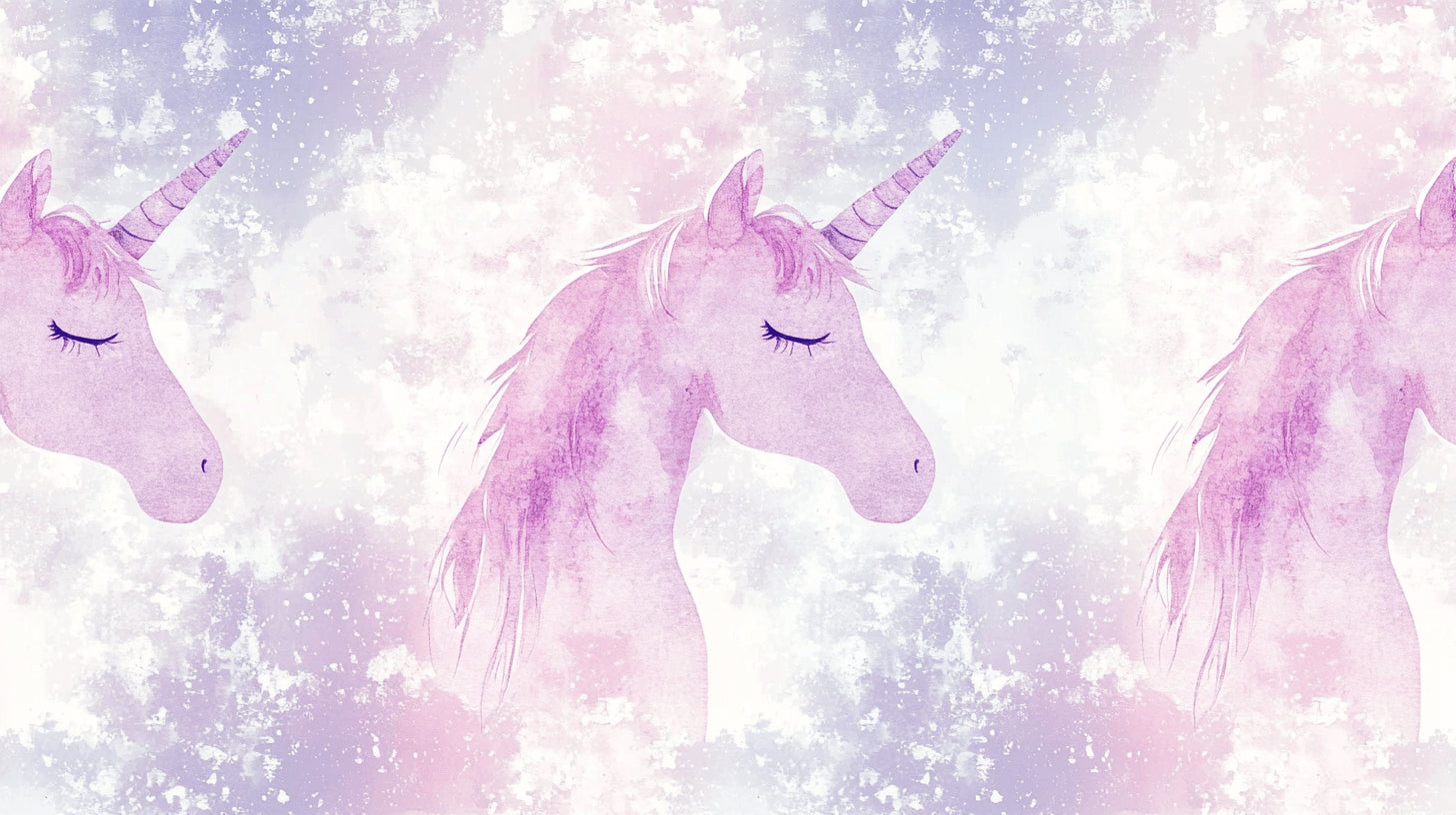 Design file showing detailed pink watercolor unicorn pattern on white background