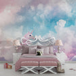 Unicorn wallpaper mural showcased in a bright children's bedroom with white furniture and soft pink accents