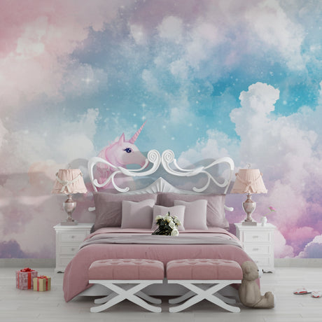 Unicorn wallpaper mural showcased in a bright children's bedroom with white furniture and soft pink accents
