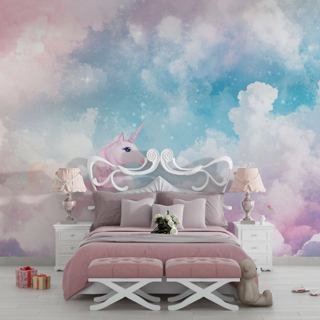 Unicorn wallpaper mural showcased in a bright children's bedroom with white furniture and soft pink accents